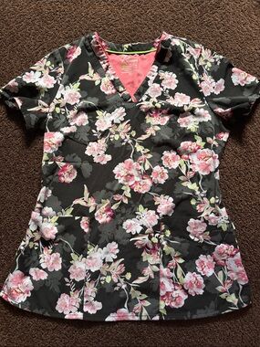 Floral V-Neck Scrub Top with Pink Blossoms